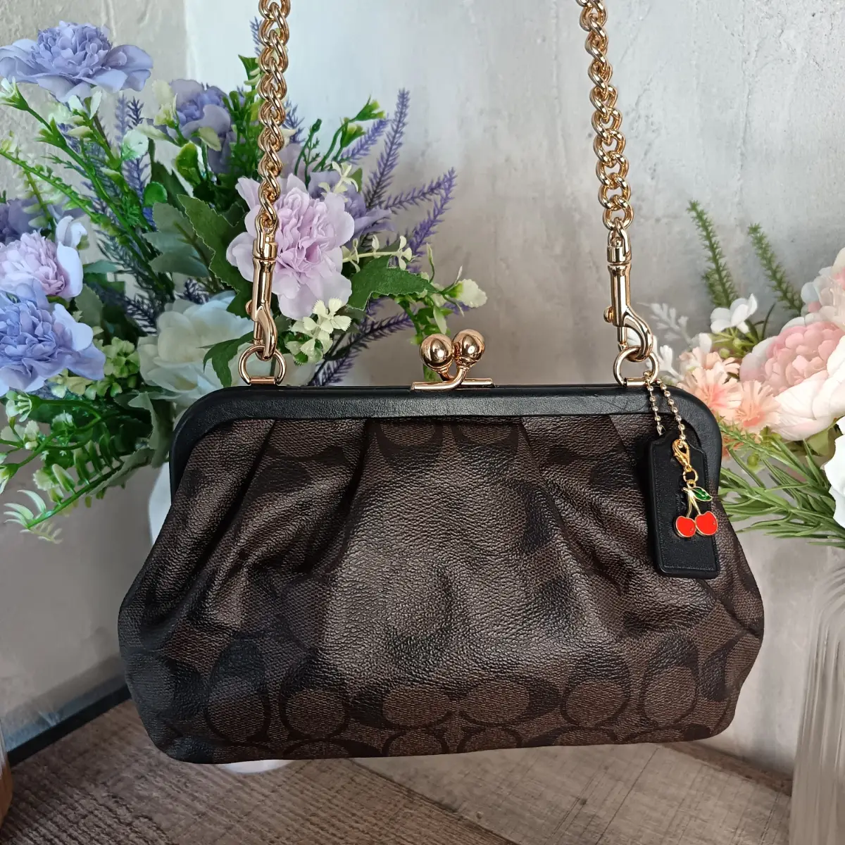 Coach Black and Brown Signature Nora Kisslock Crossbody Bag