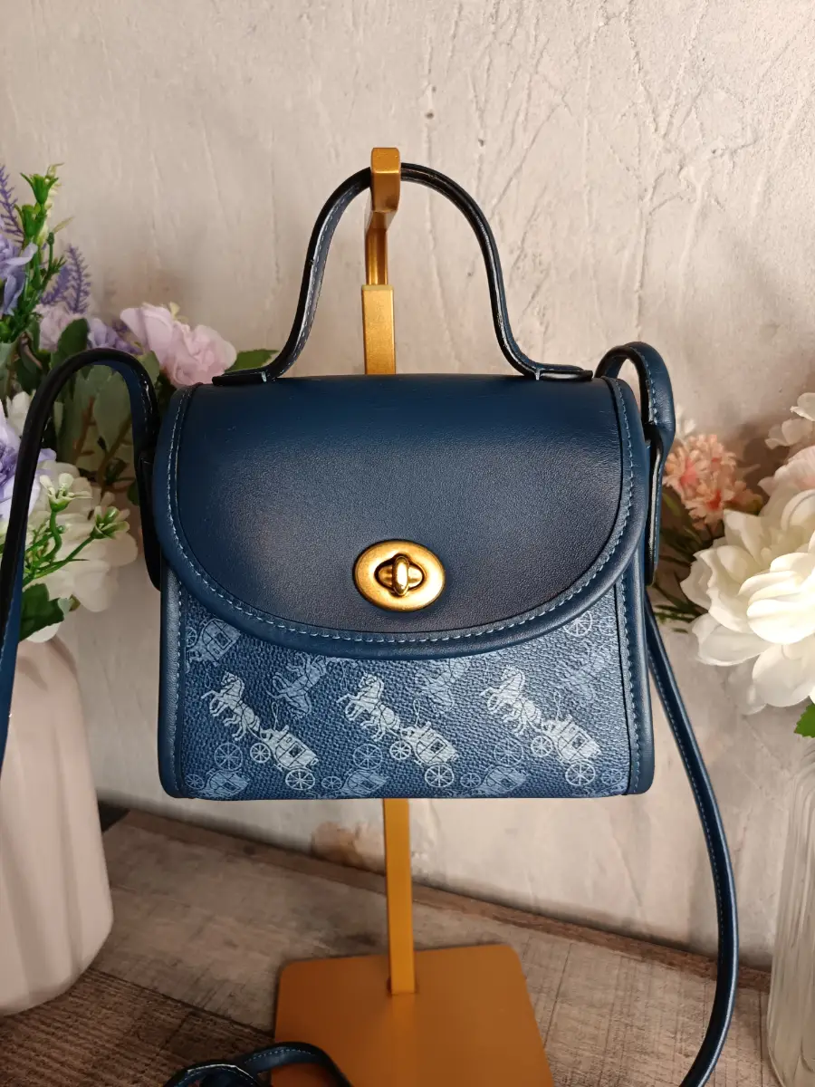 Coach Navy and Blue Turnlock Top Handle with Horse and Carriage Print Crossbody Bag Pouch Handbag