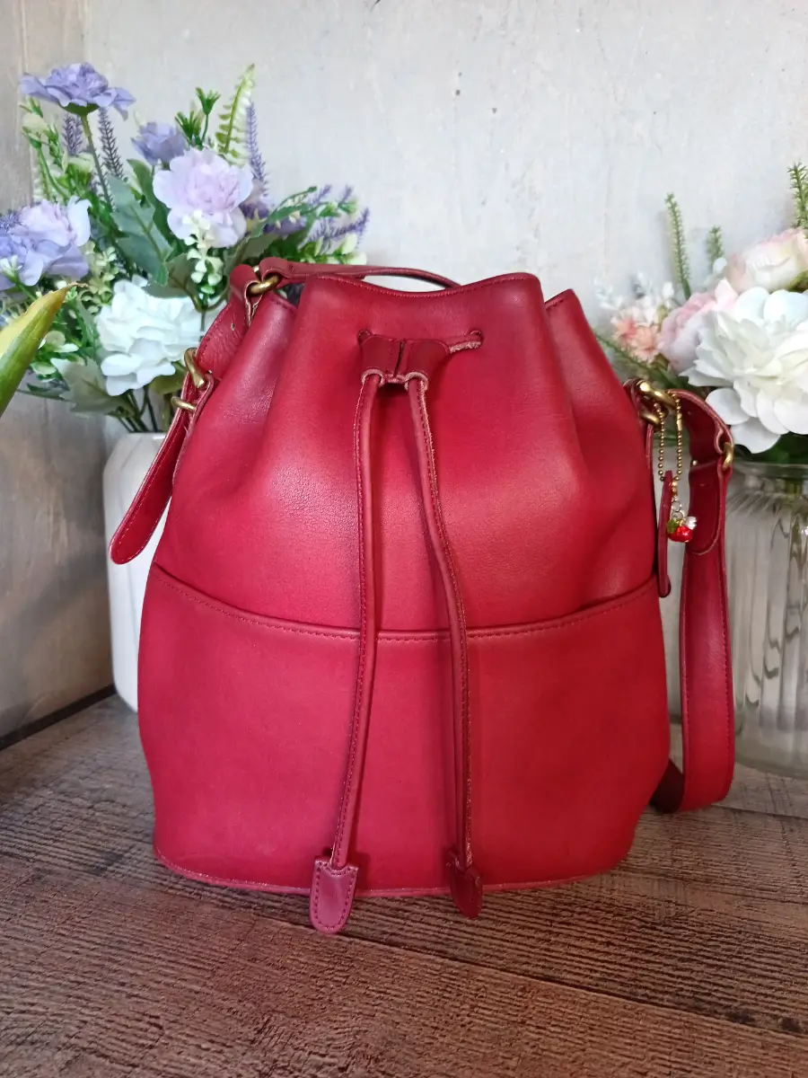 Coach Vintage Old 90s Red Equestrian Drawstring Bucket Shoulder Bag Handbag