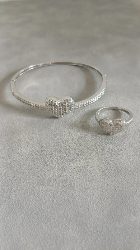 Heart-shaped bracelet and ring set - White Rhodium Plated with Clear Cubic Zirconia.
