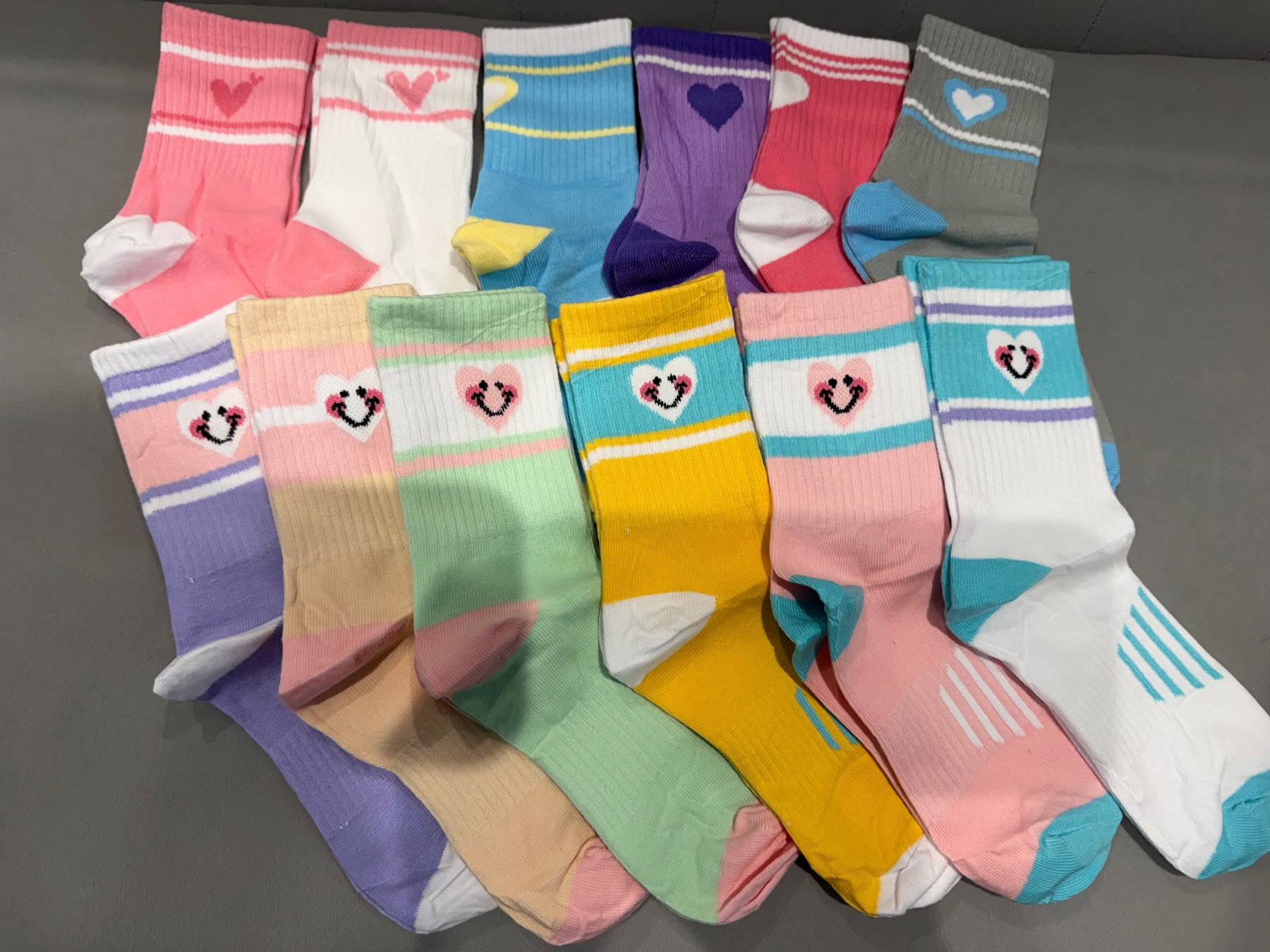 12 Pairs Pastel Girls Socks. Smiley Faces & Heart Motif