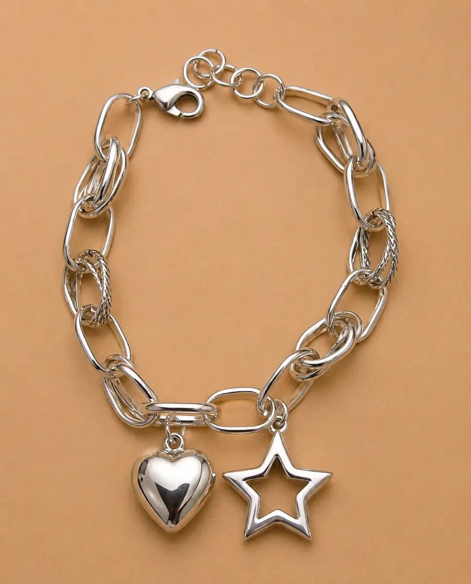 Silver Charm Chain Bracelet with Heart & Star Pendants