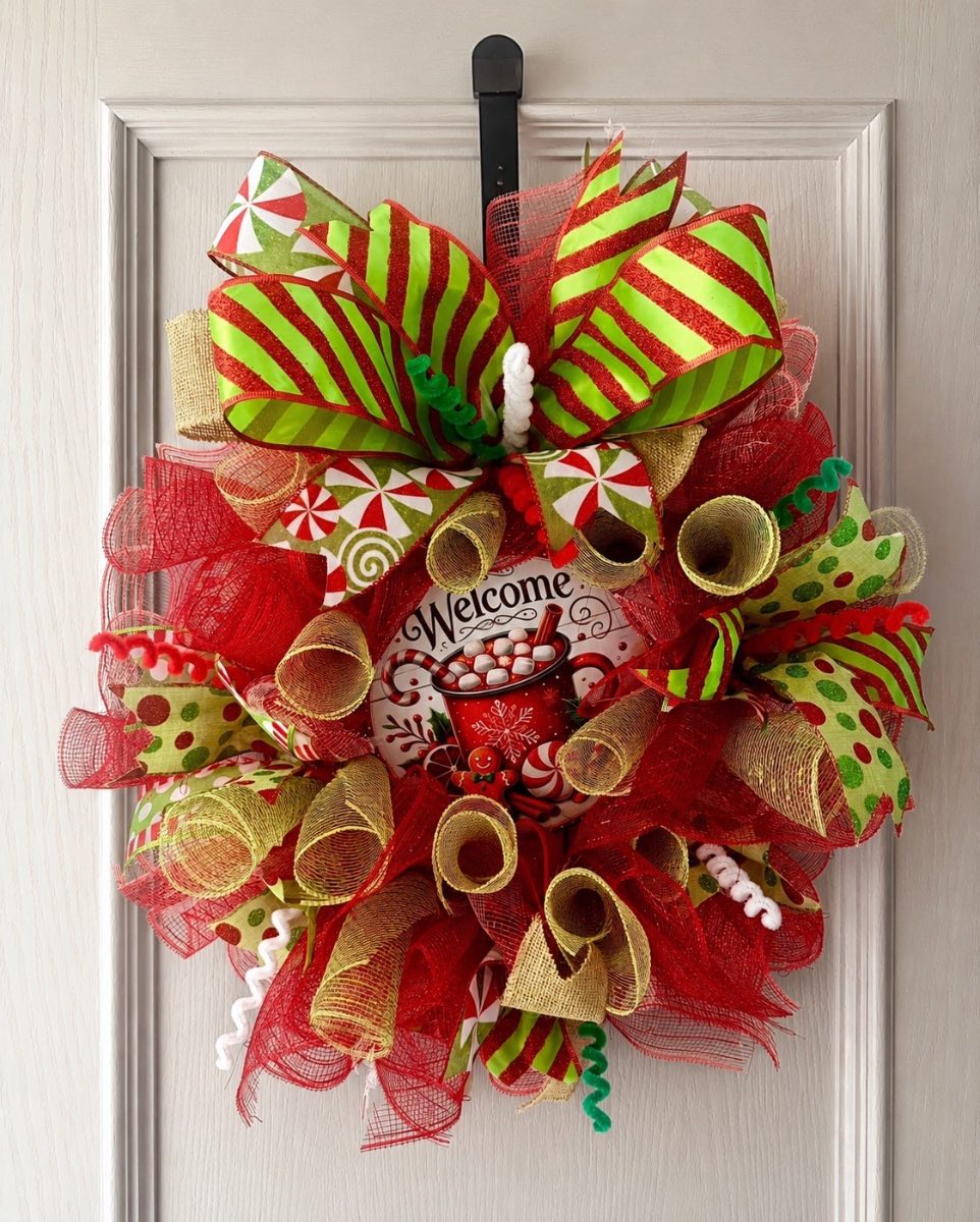 Handmade Christmas Deco Mesh Wreath Welcome Hot Chocolate Front Door Decoration New