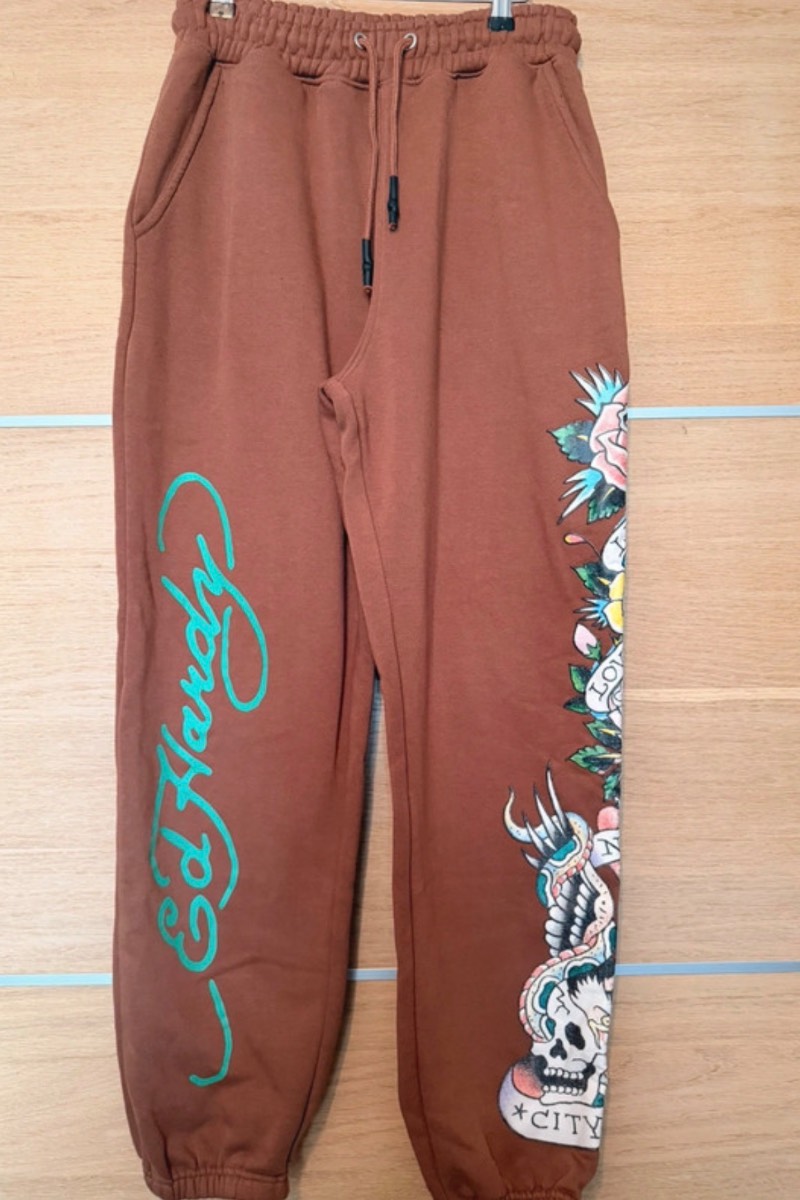 Ed Hardy Christian Audigier Tattoo Print Joggers Brown UK 10