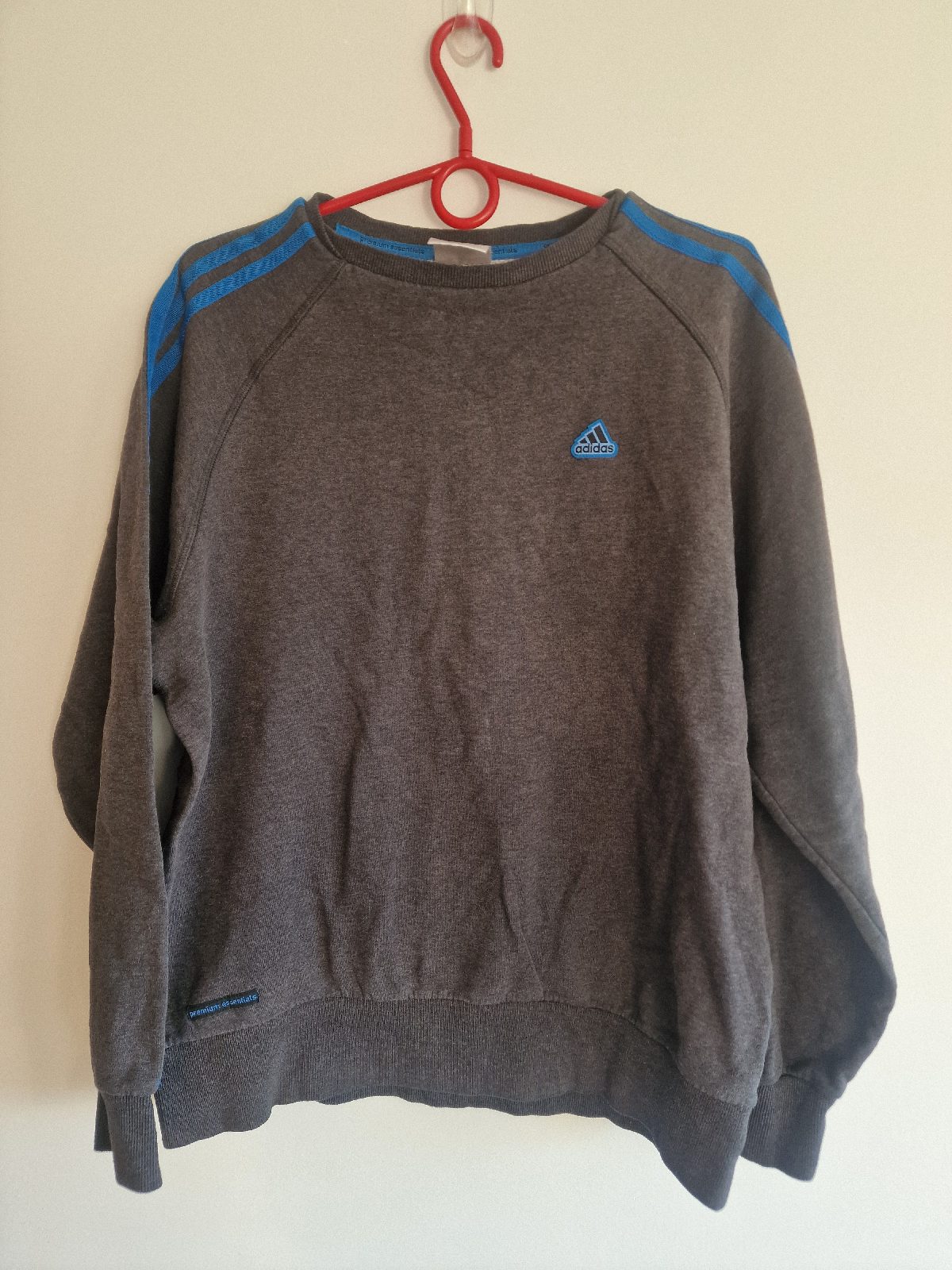 Adidas Premium Essentials Grey & Blue 3-Stripe Crewneck Sweatshirt Size L