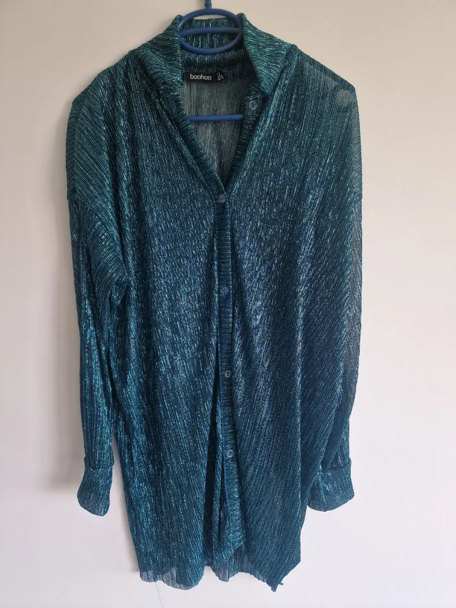Boohoo Metallic Teal Plissé Shirt Dress | UK 12 (Fits 10–14)