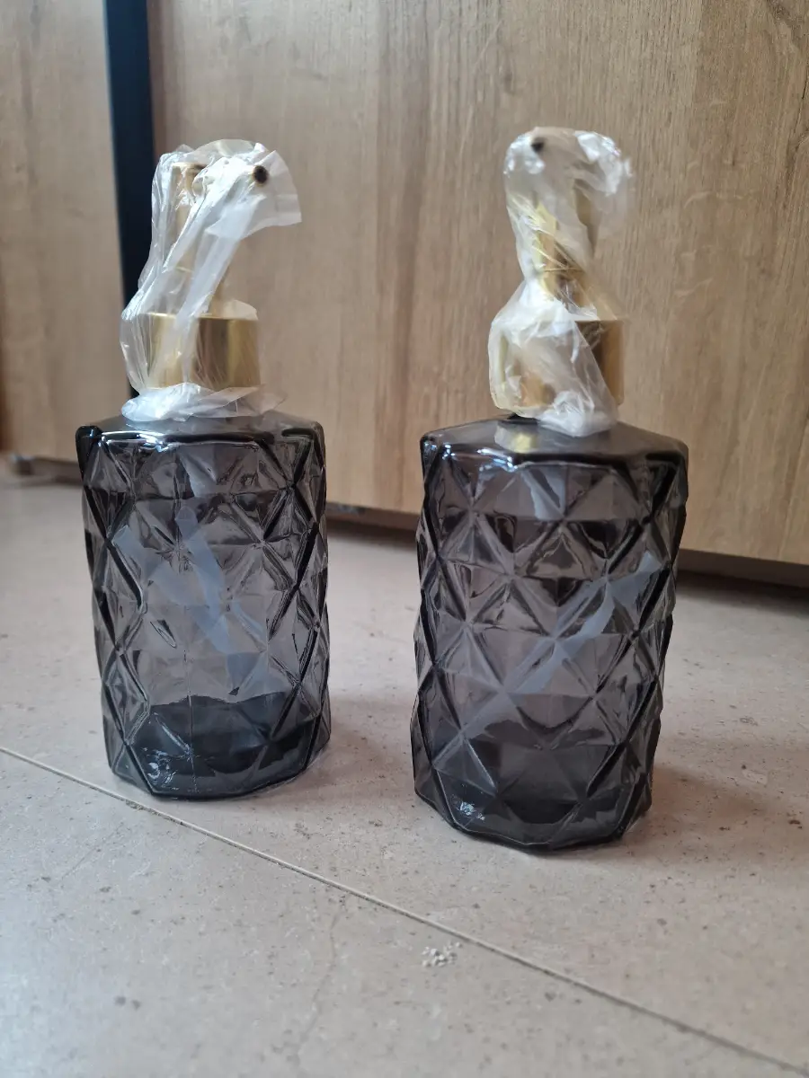 Pair of Smokey Grey Glass Soap Dispensers with Gold Pump - New