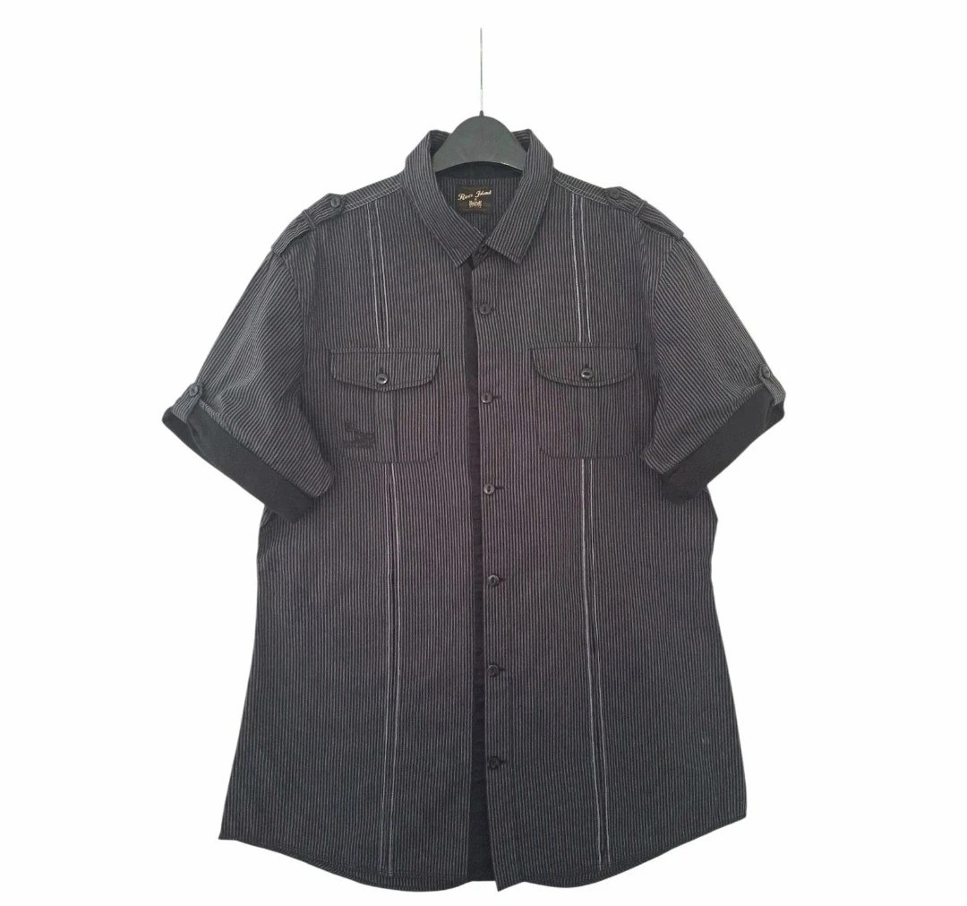 Men's Size UK Medium Black & Grey Pin Stripe Short Sleeve River Island Shirt