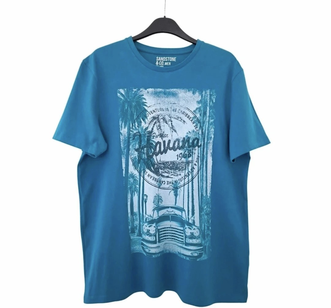 Men's Size UK Large Blue & White Cotton Summer Printed T-Shirt by Sandstone & Co.