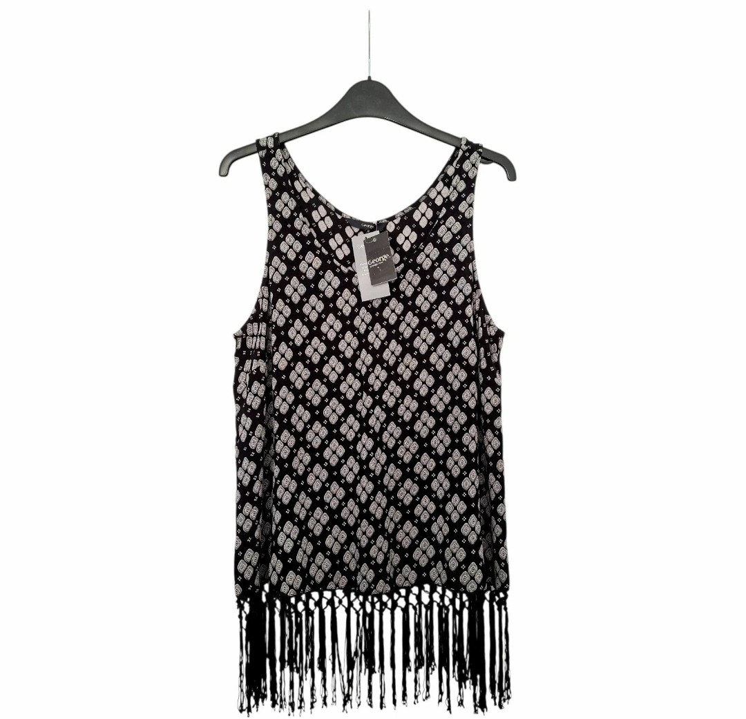 Brand New Women's Size UK 12 Black & White Patterned Vest Top with Tassel Hem by George