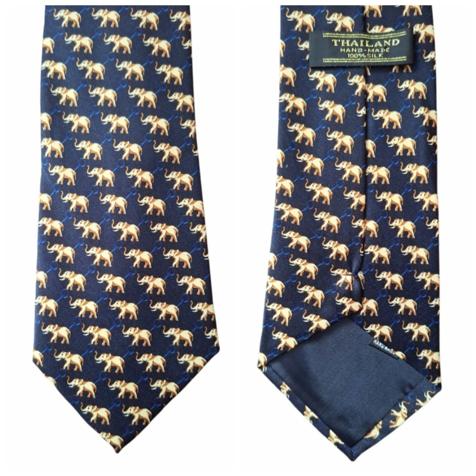Brand New Men's Navy Blue, Beige & Brown Elephant Print 100% Silk Handmade Tie