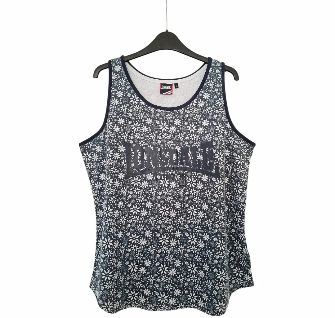Women's Size UK 18 Navy Blue & White Cotton Floral Print Lonsdale London Vest Top