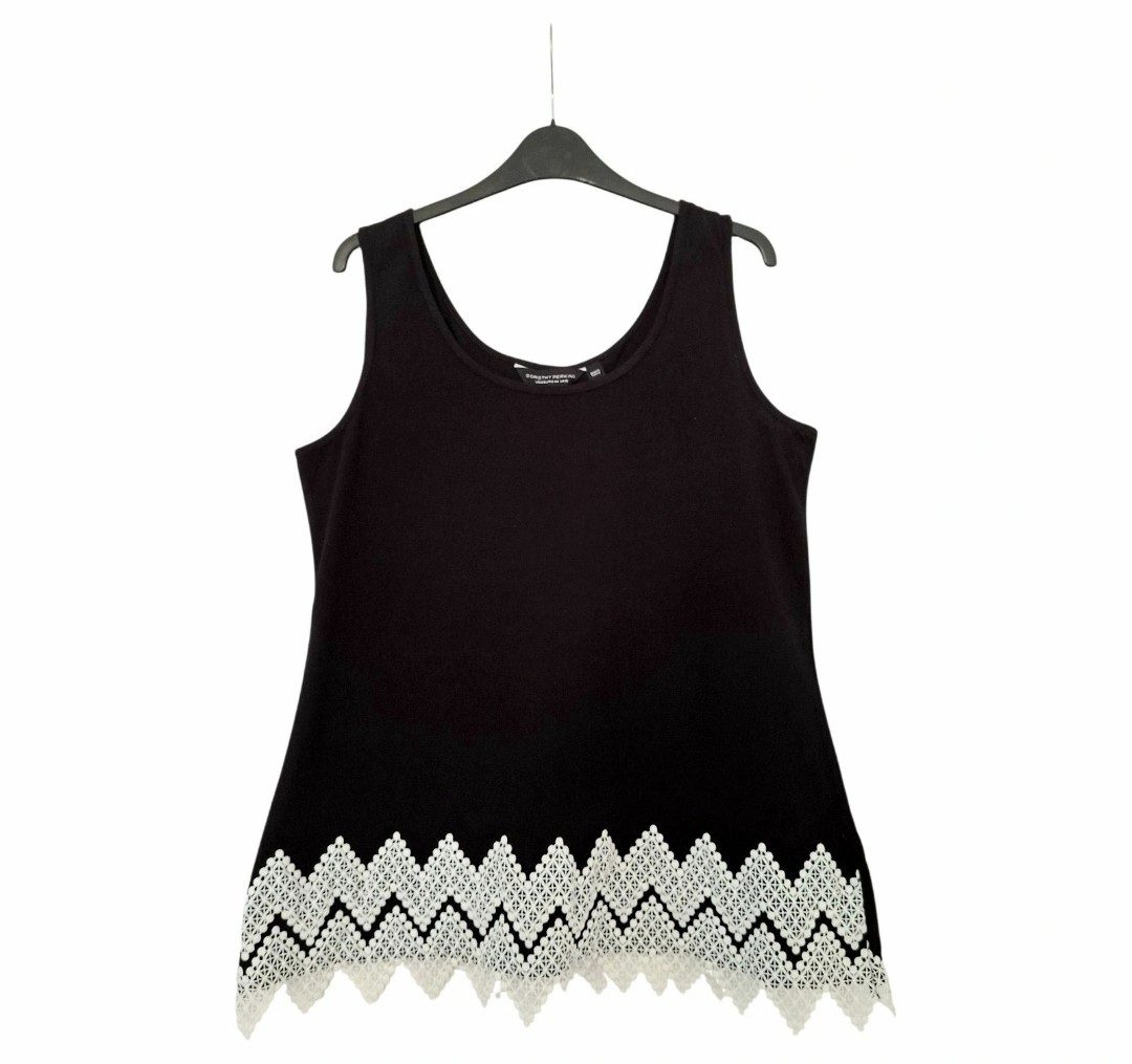 Women's Size 16 Black Vest Top with a White Embroidered Hem by Dorothy Perkins
