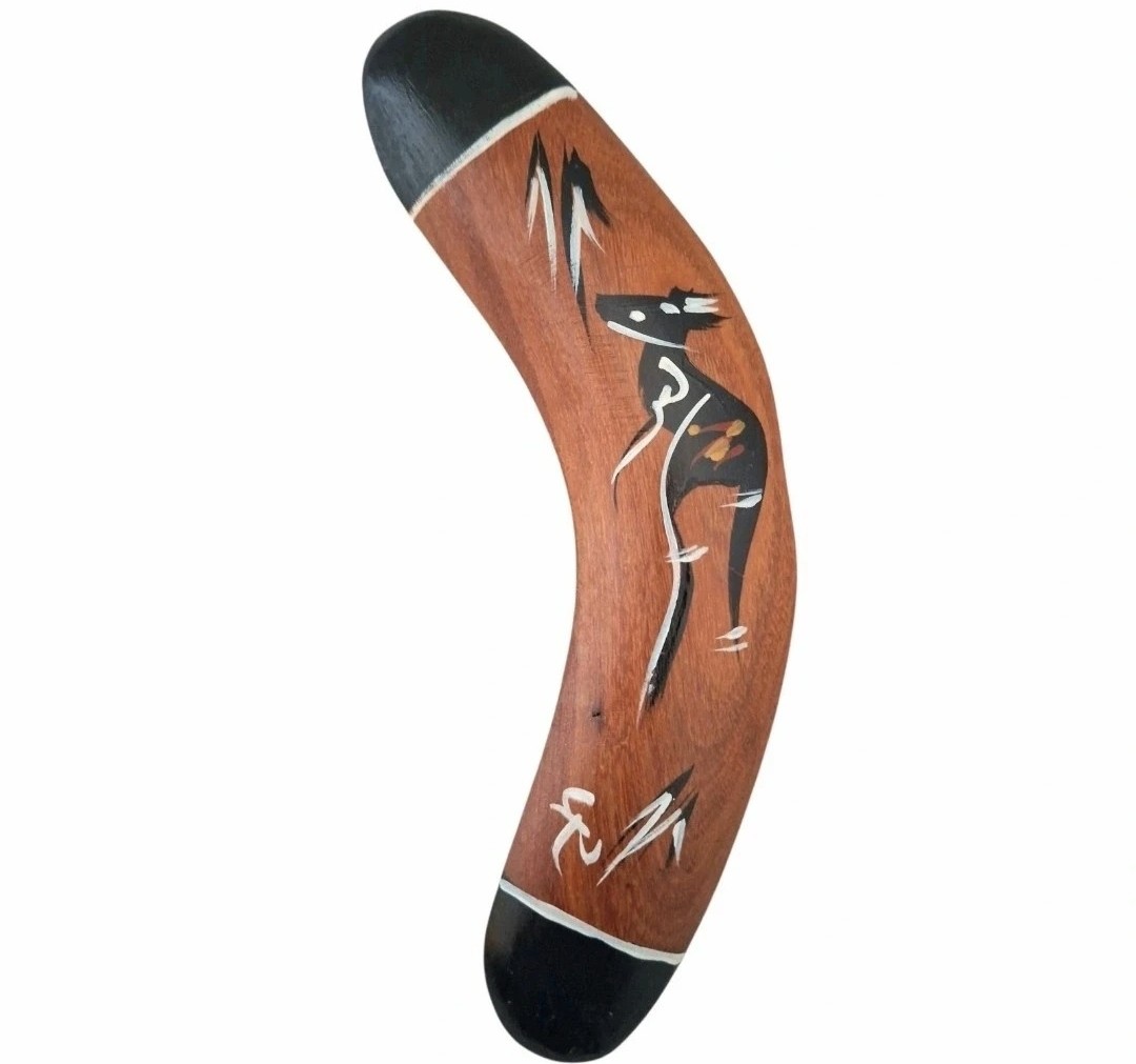 Small Brown, Black & White Hand Painted Kangaroo Boomerang made from Australian Native Timber