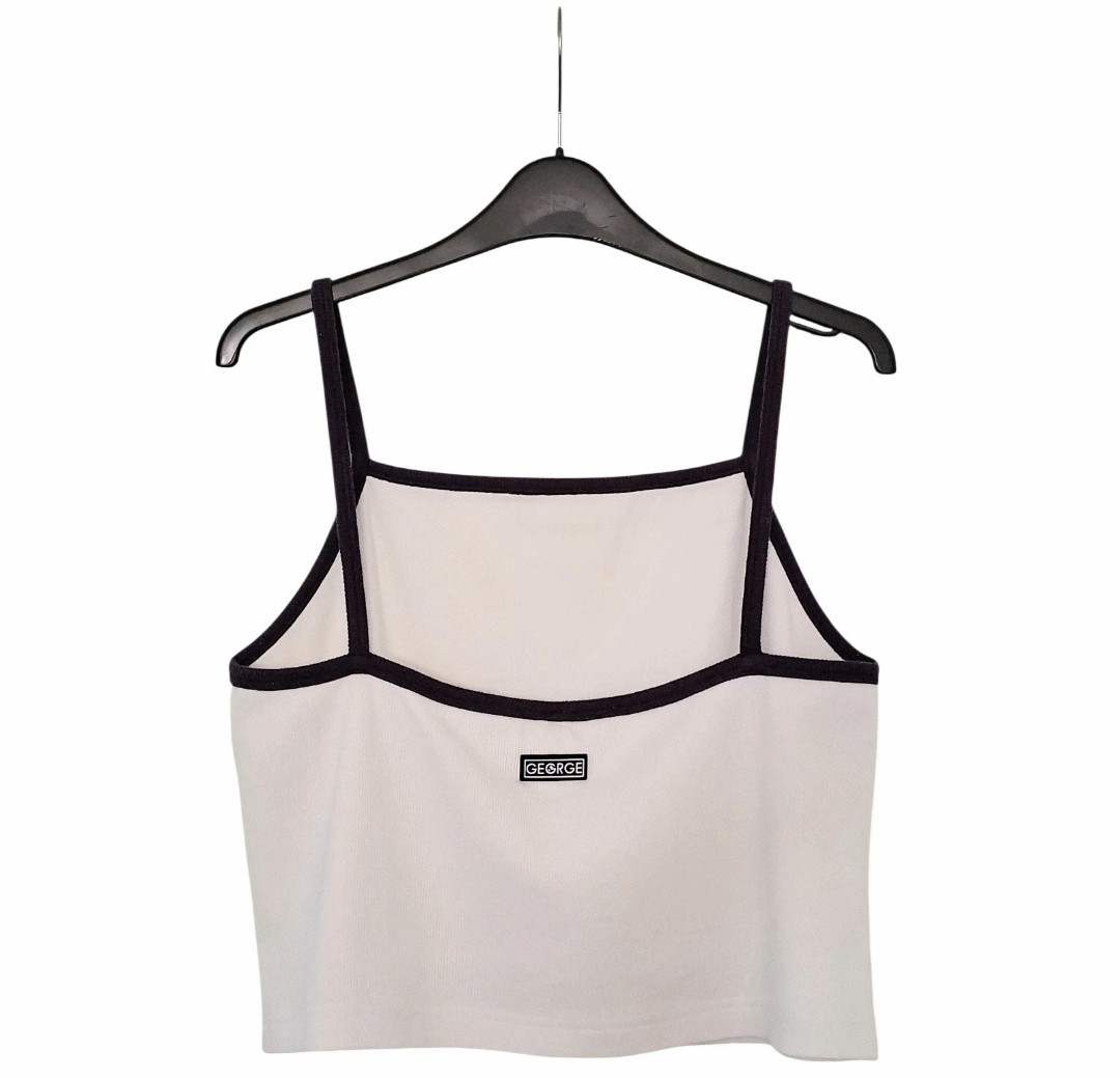 Women's Vintage Size UK 16-18 White & Navy Blue Cotton Ribbed Crop Top by George
