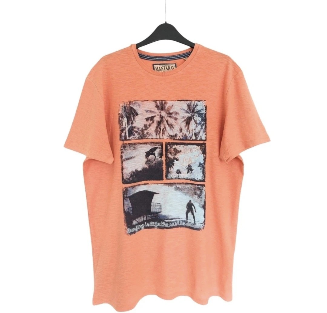 Men's Size UK Medium Orange, Black & White Cotton Mantaray T-Shirt by Debenhams
