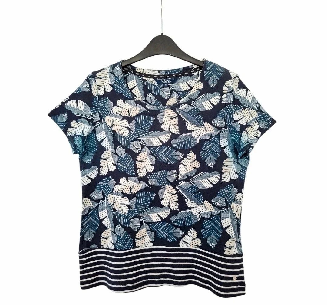 Women's Size UK 14 Blue & White Leaf Stripey Cotton T-Shirt by Maine New England