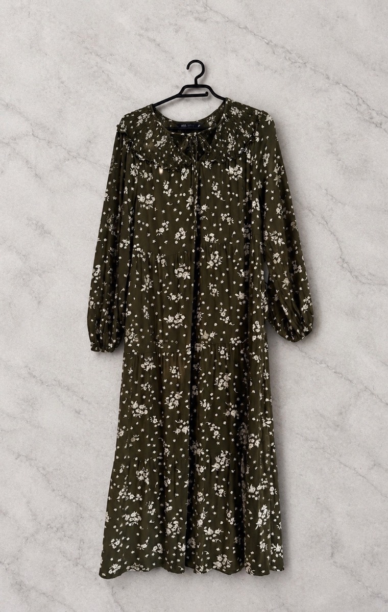 M&S Khaki Green & White Floral Tiered Maxi Dress Size 14 – Shirred Ruffle Neck Long Sleeve