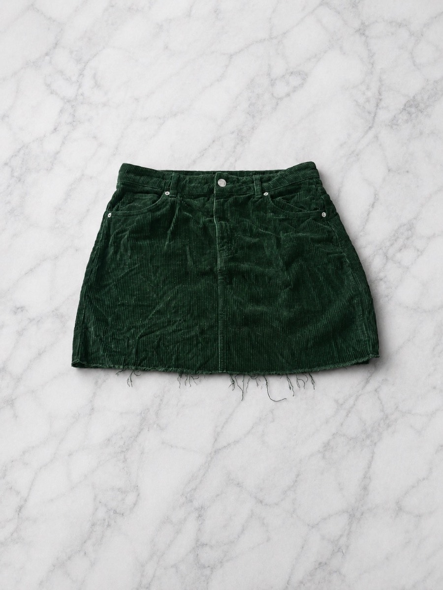 Topshop Dark Green Corduroy Mini Skirt UK 12 – Raw Hem A-Line Summer Festival Y2K