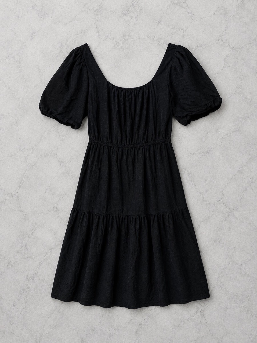 M&S Black Puff Sleeve Tiered Midi Dress – Size 12