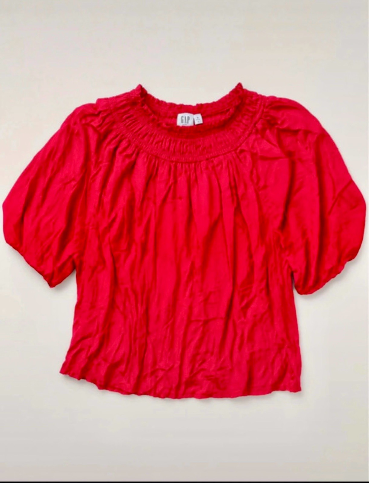GAP Red Smocked Neck Puff Sleeve Blouse Top Size S Modal