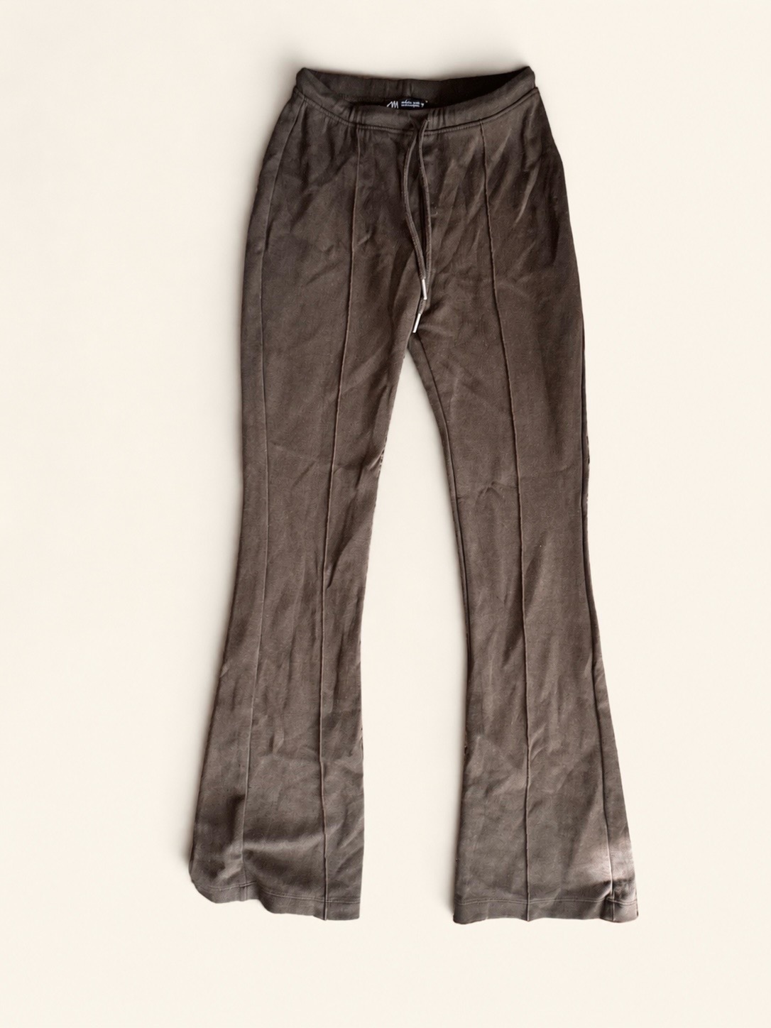 Zara Brown Interlock Bell Bottom Flared Trousers Drawstring Size S