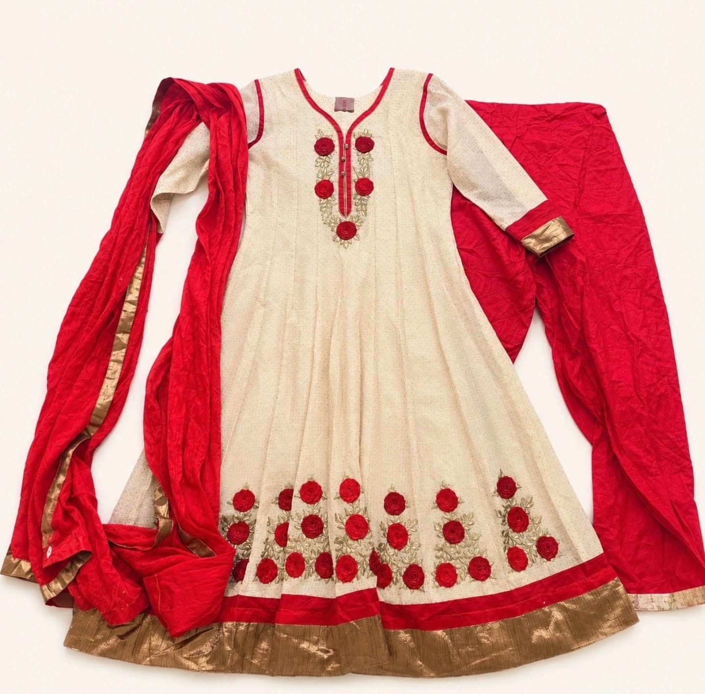 Juliet India Cream Red Anarkali Suit 3 Piece Embroidered Salwar Kameez Size M