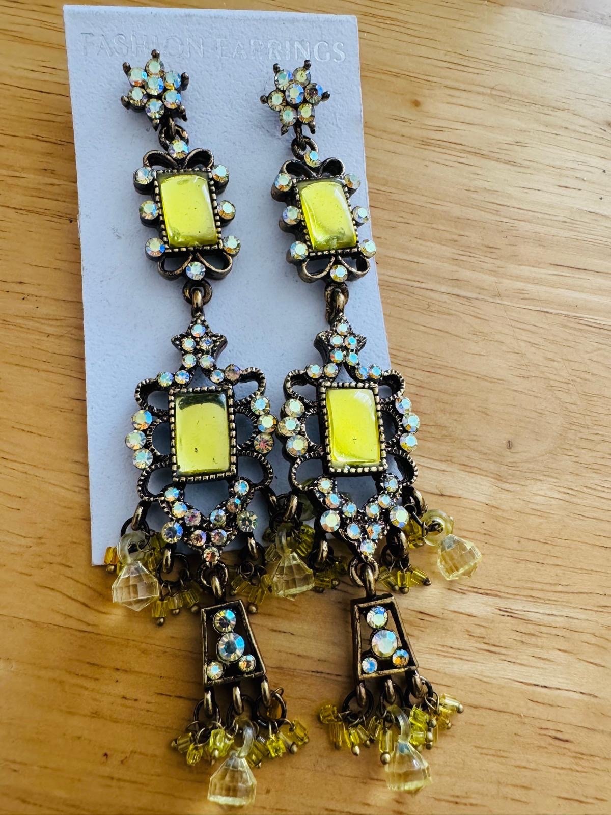Yellow Green Rhinestone Chandelier Drop Statement Earrings