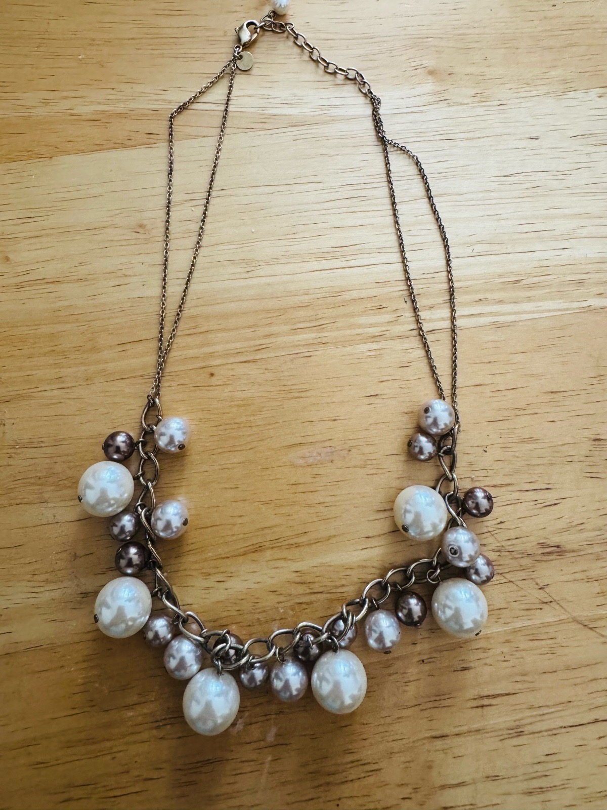 M&S Cream Grey Pearl Effect Statement Necklace Silver Tone Cluster