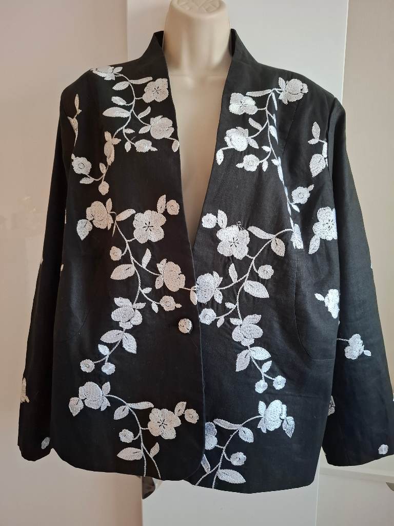 Black embroidered lined linen tailored jacket 2XL