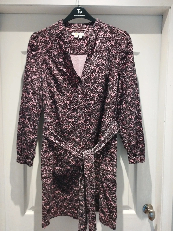 Boden Black & Pink Floral Esmerelda Cord Tie Waist Dress UK 12 Autumnal