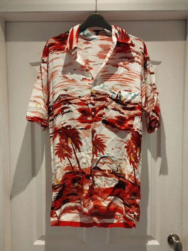 Vintage Red Tropical Hawaiian Shirt Short Sleeve Camp Festival Cruise Beach Sun Palm Tree