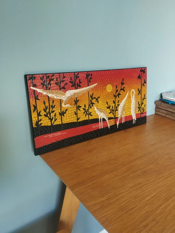 Vintage Maltese Plaster Relief Wall Plaque Mid-Century Sunset Herons Mediterranean kitsch retro