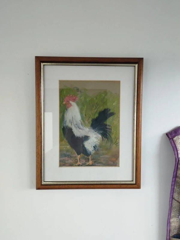 Vintage Framed Original Pastel Painting Country Rooster Rustic Farm Animals cottagecore Farmhouse