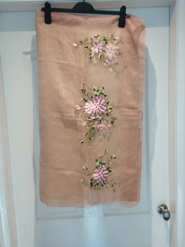 Luxury Sheer Silk Wool Blend Shawl Scarf Pink Floral Embroidered Wrap Wedding Cover-up