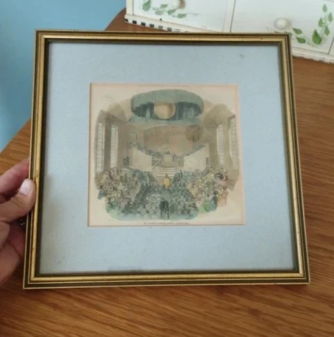Framed Antique 1843 Illustrated London News Print Hand Painted Art Dark Academia Eclectic Home