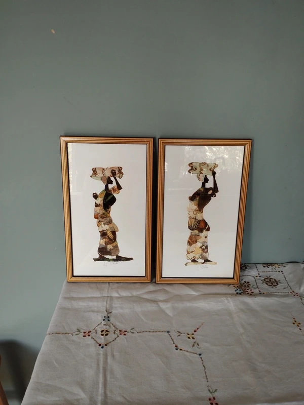 Pair Vintage African Butterfly Wing Art Collages Signed Jija Oduka Framed Mid Century Mid Mod Boho