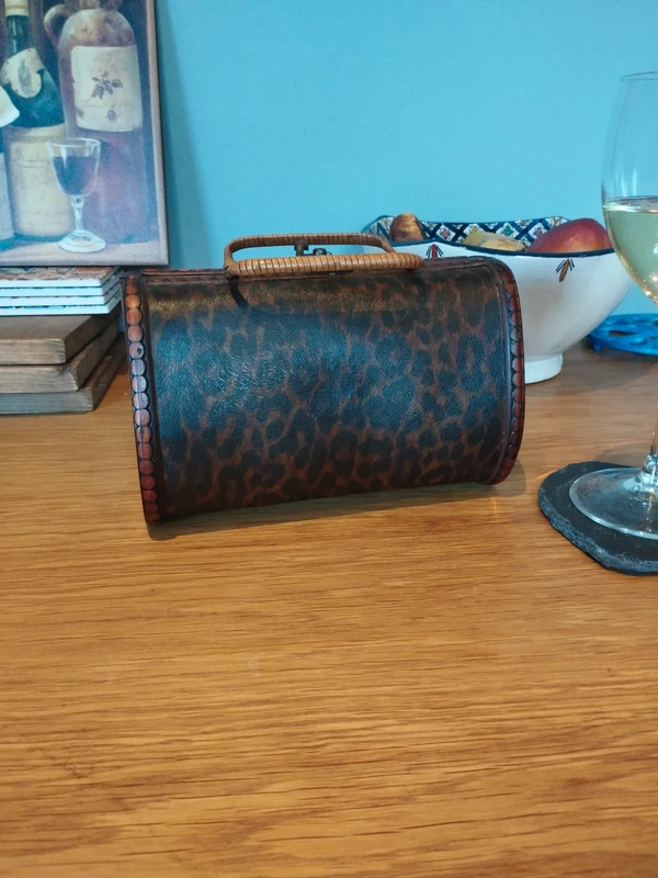 Vintage Wood Box Purse Cylinder Trinket Box Decoupage Leopard Print Case Rattan Handle Storage