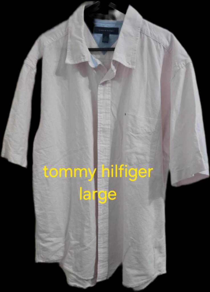 Tommy hilfiger short sleeved mens shirt size L/G pale pink/white stripe