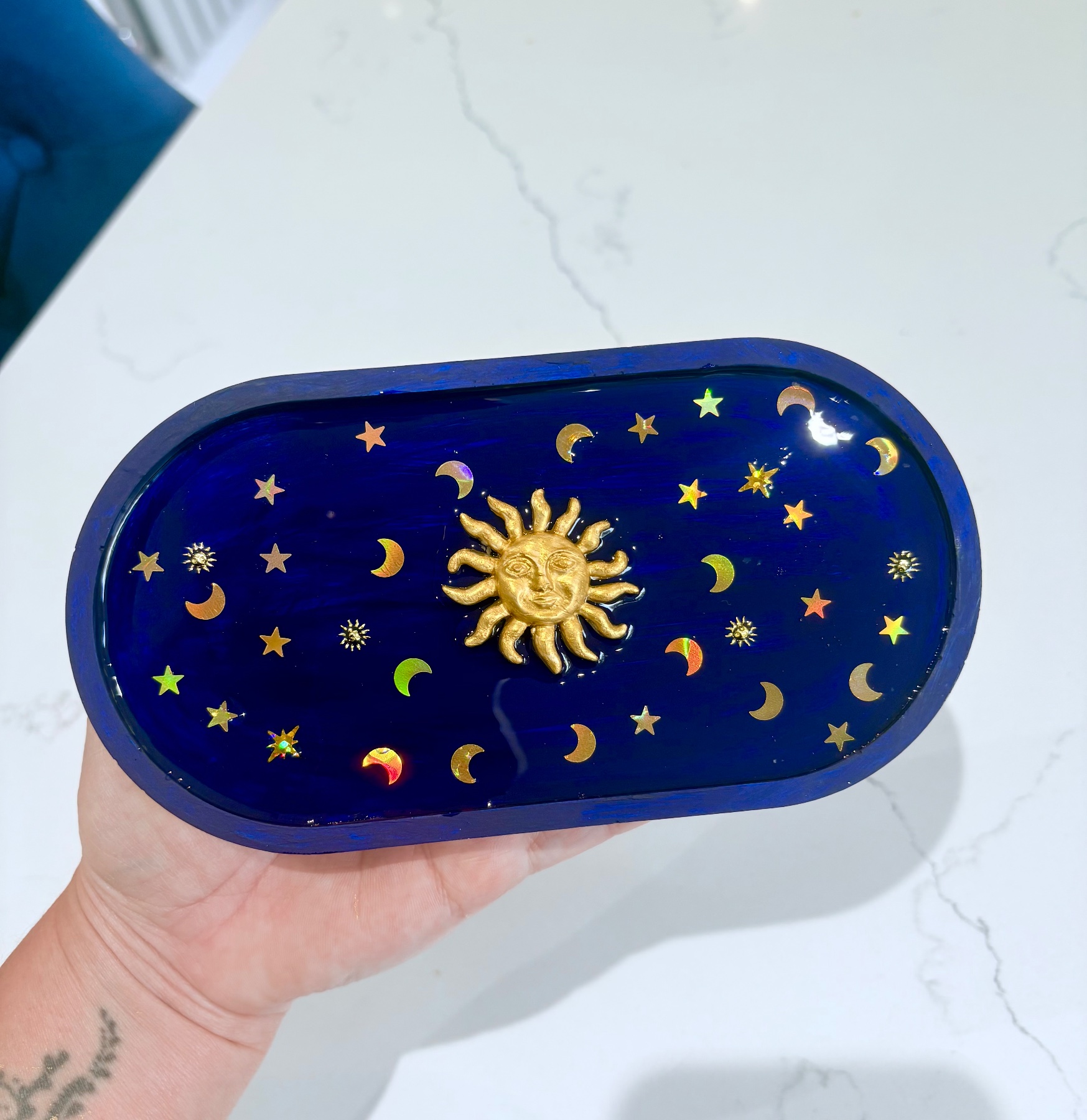 Navy and gold 90s style celestial trinket tray