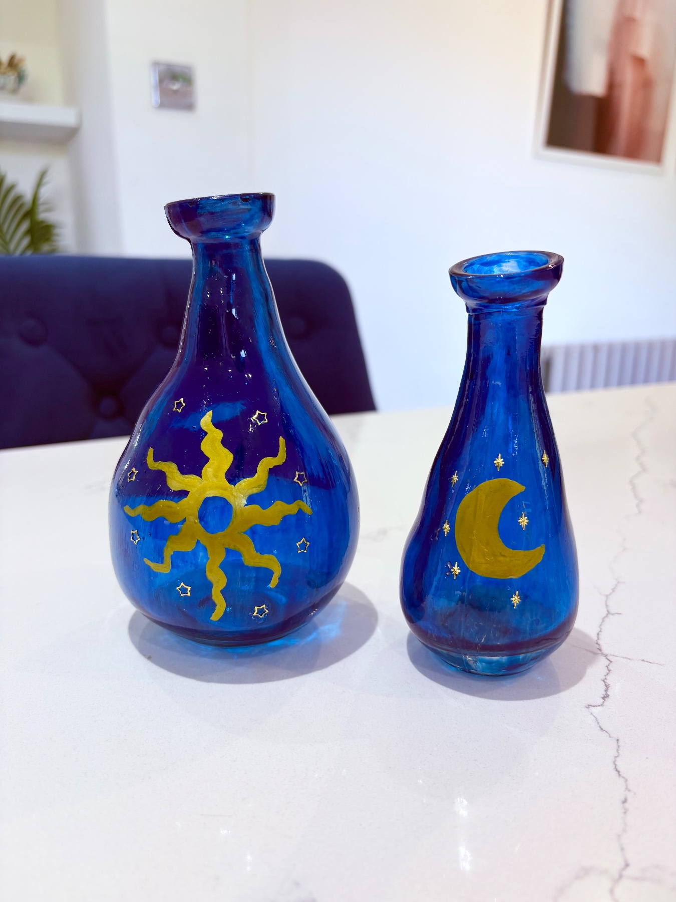 Hand painted 90s style celestial blue glass bottles/vases