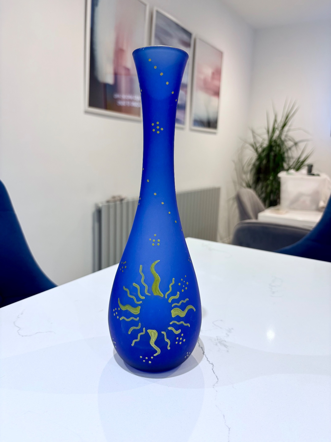 Hand painted vintage style celestial blue glass vase
