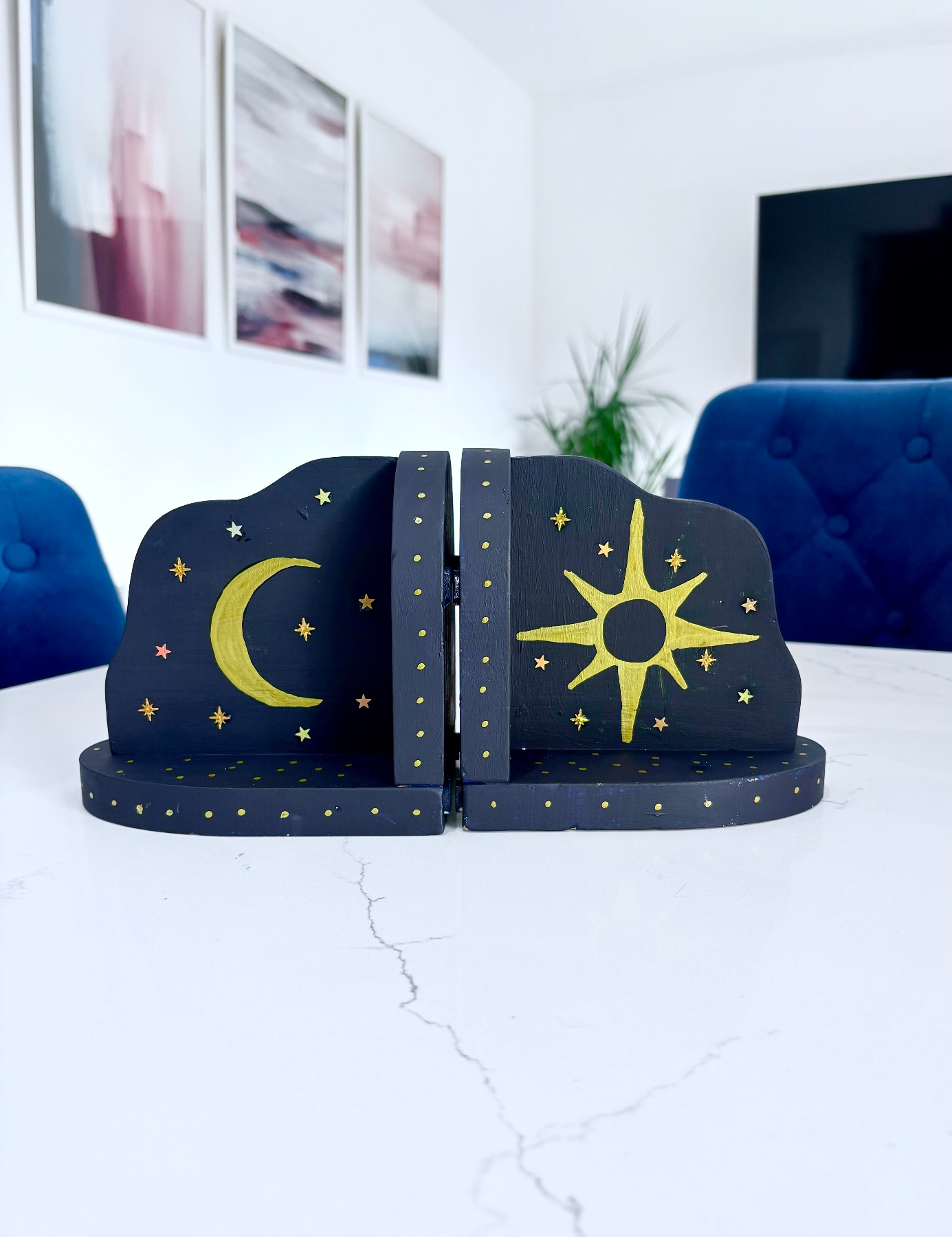Upcycled blue/black celestial wooden bookends