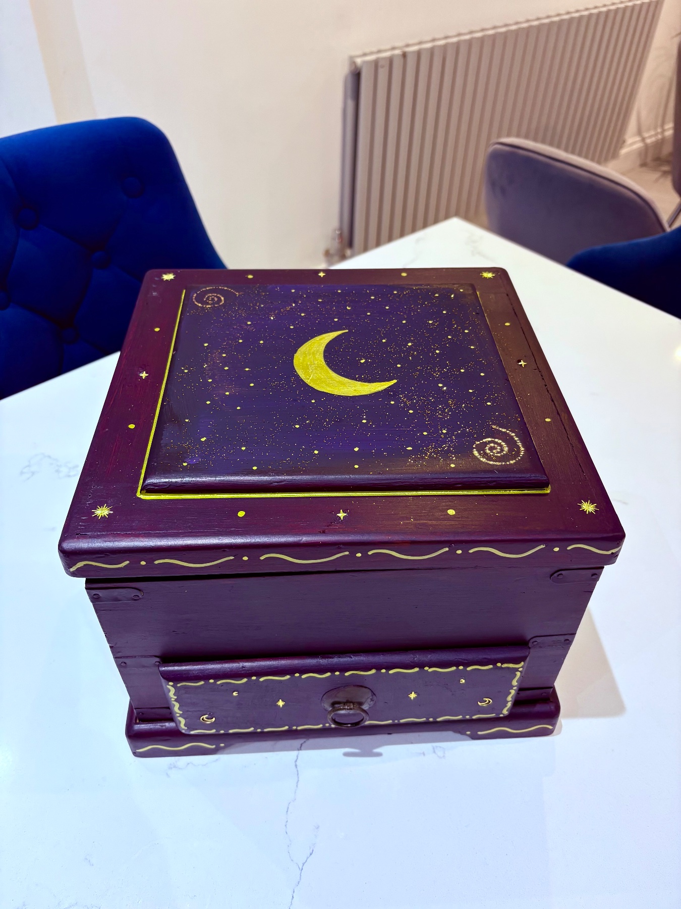 Vintage upcycled solid wood rustic dark purple celestial jewellery storage box