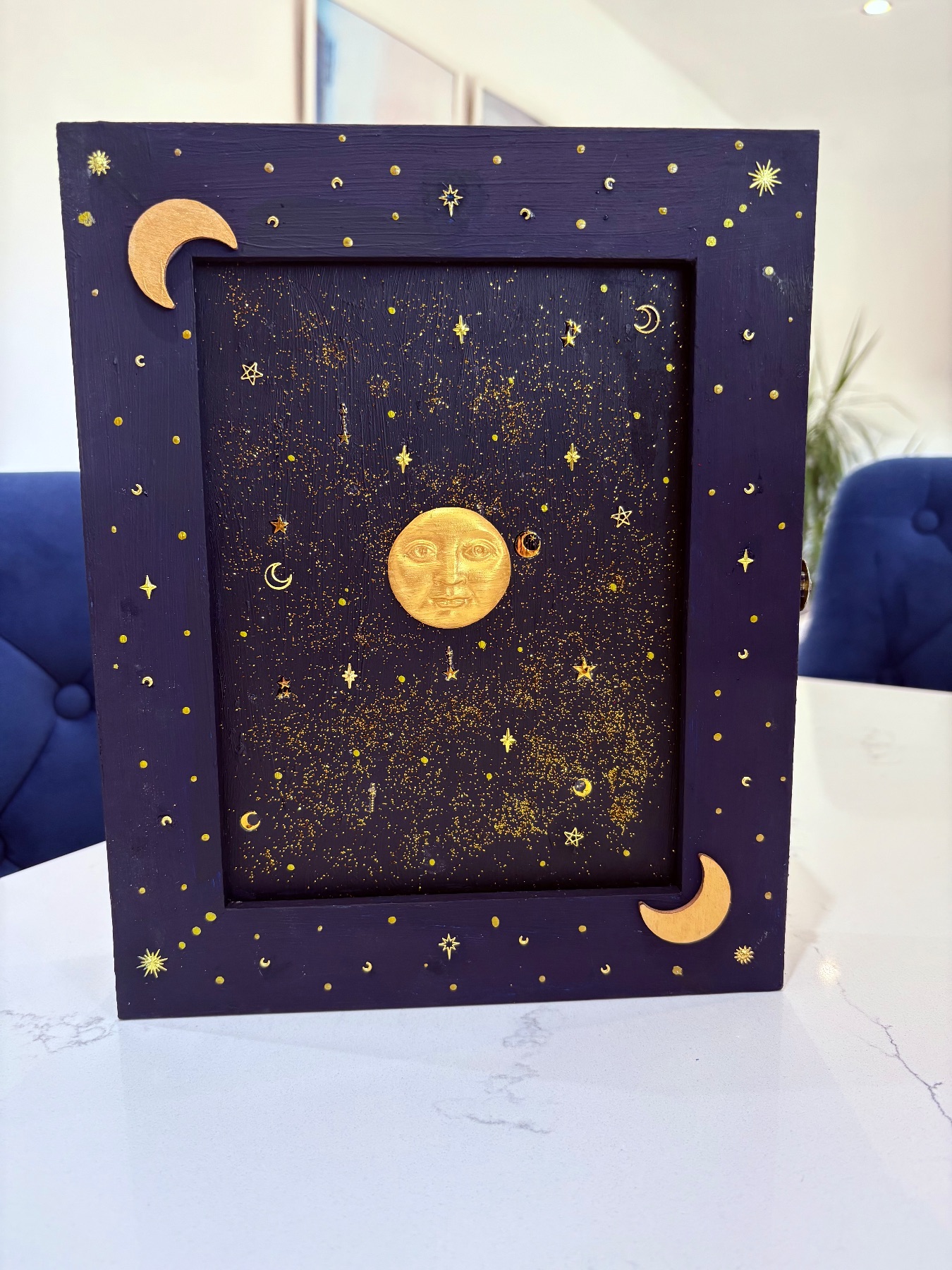 Upcycled vintage style celestial wooden key storage/storage box