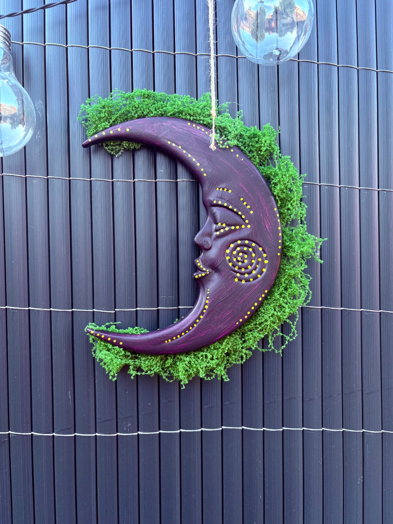 Purple celestial moon with faux moss wall hanging