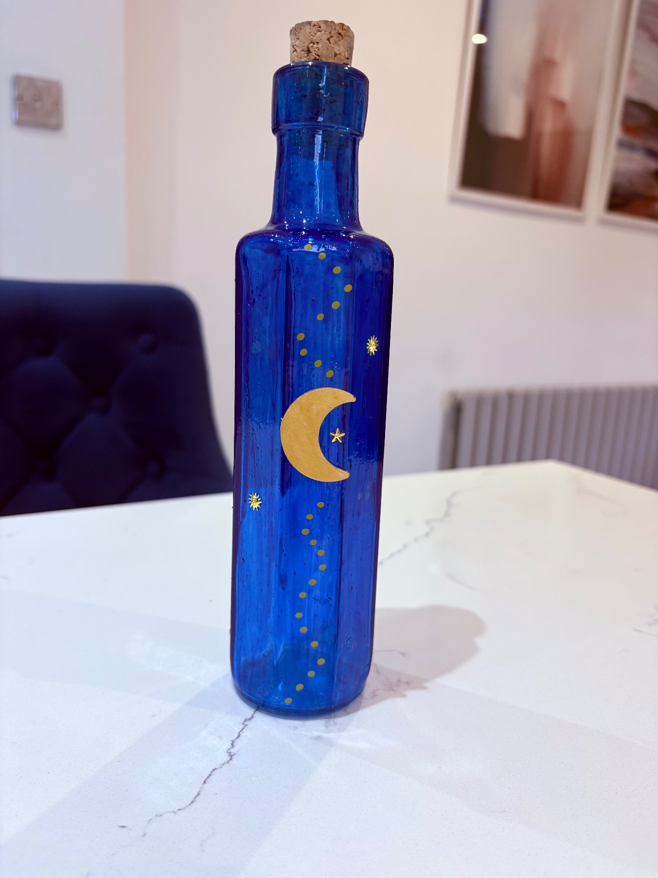 Upcycled vintage blue glass rustic celestial bottle