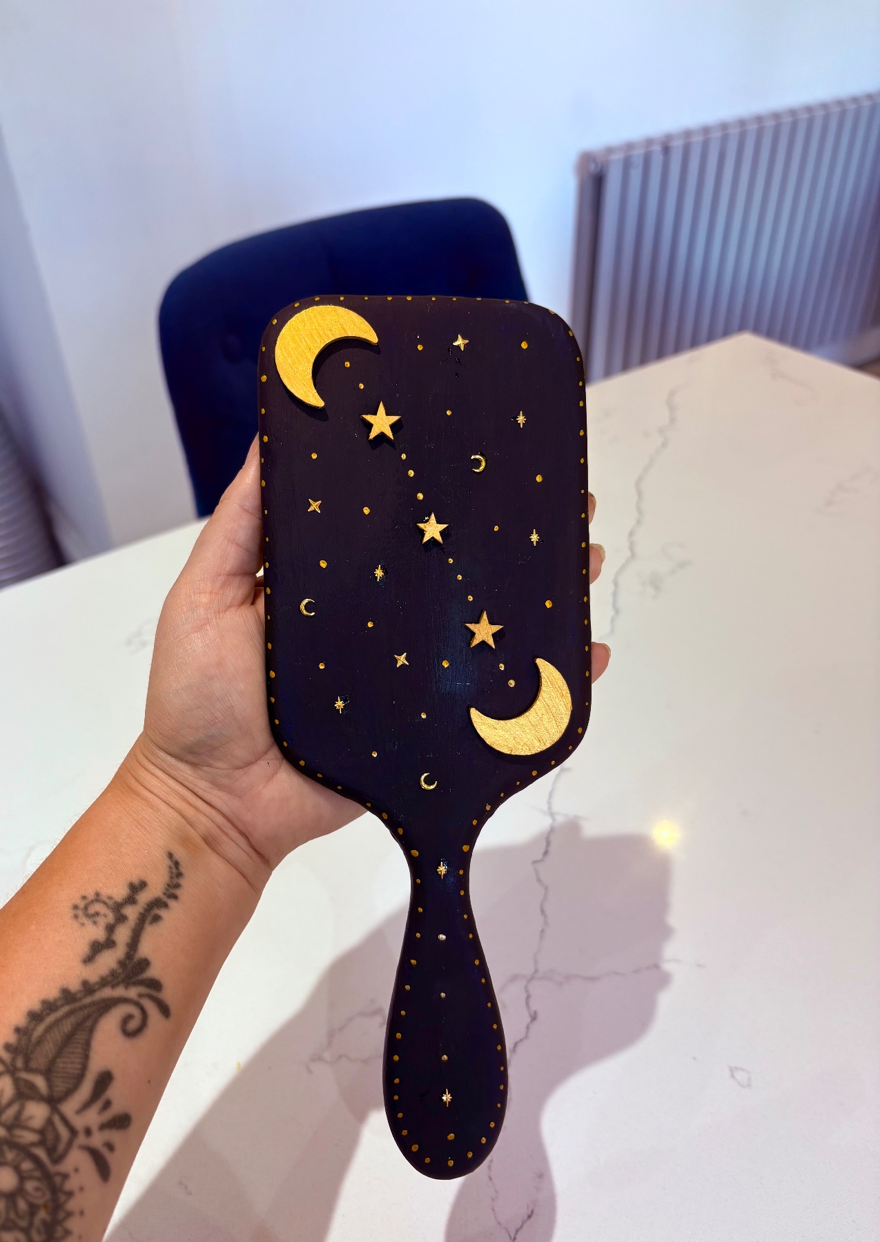 Upcycled vintage wooden celestial moon and stars handheld mirror