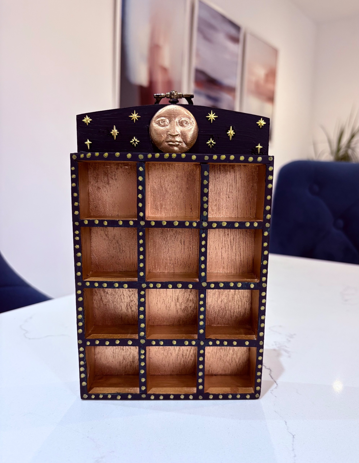 Upcycled vintage navy and gold celestial thimble display