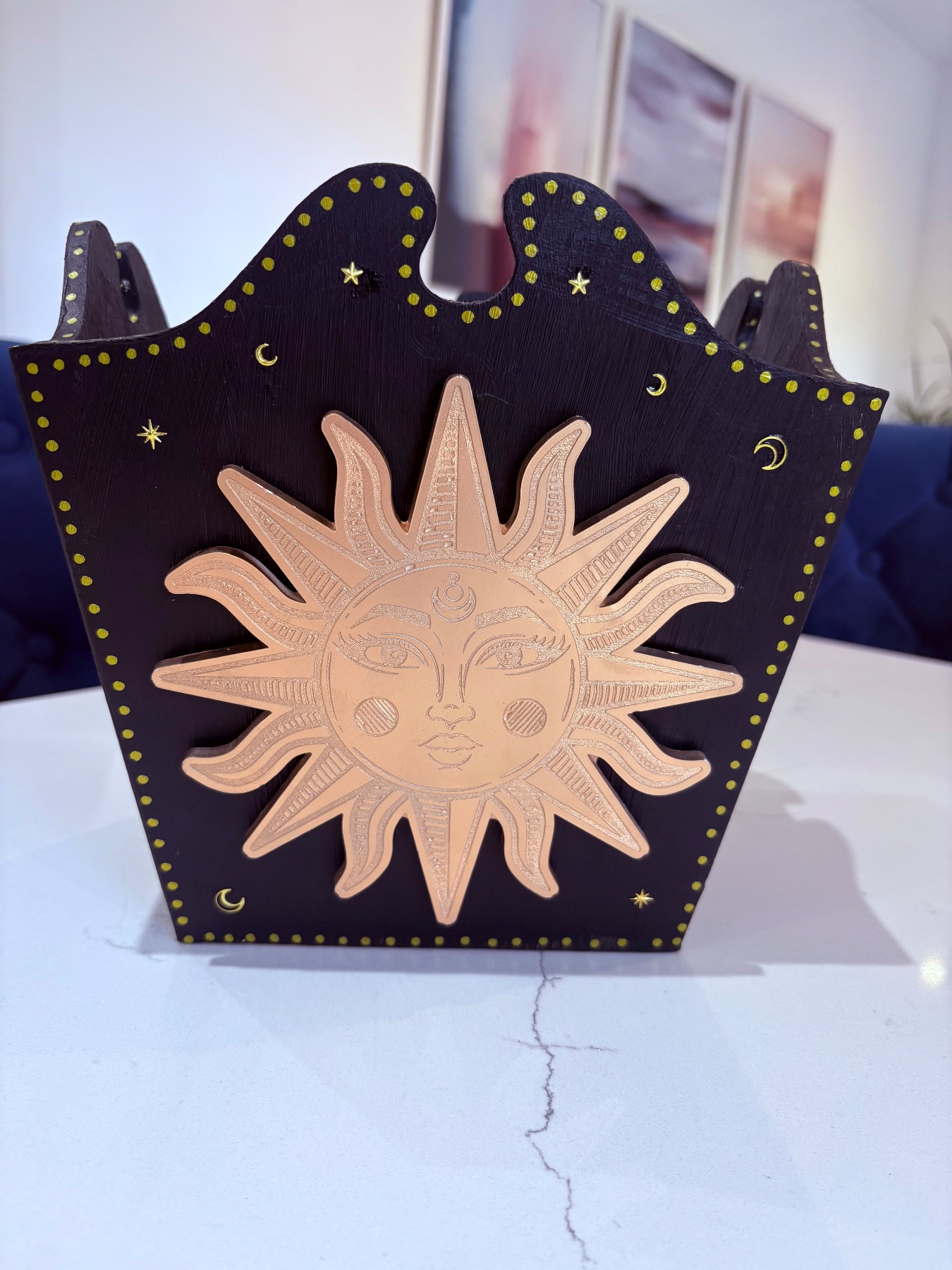 Upcycled black and gold celestial sun wooden storage box